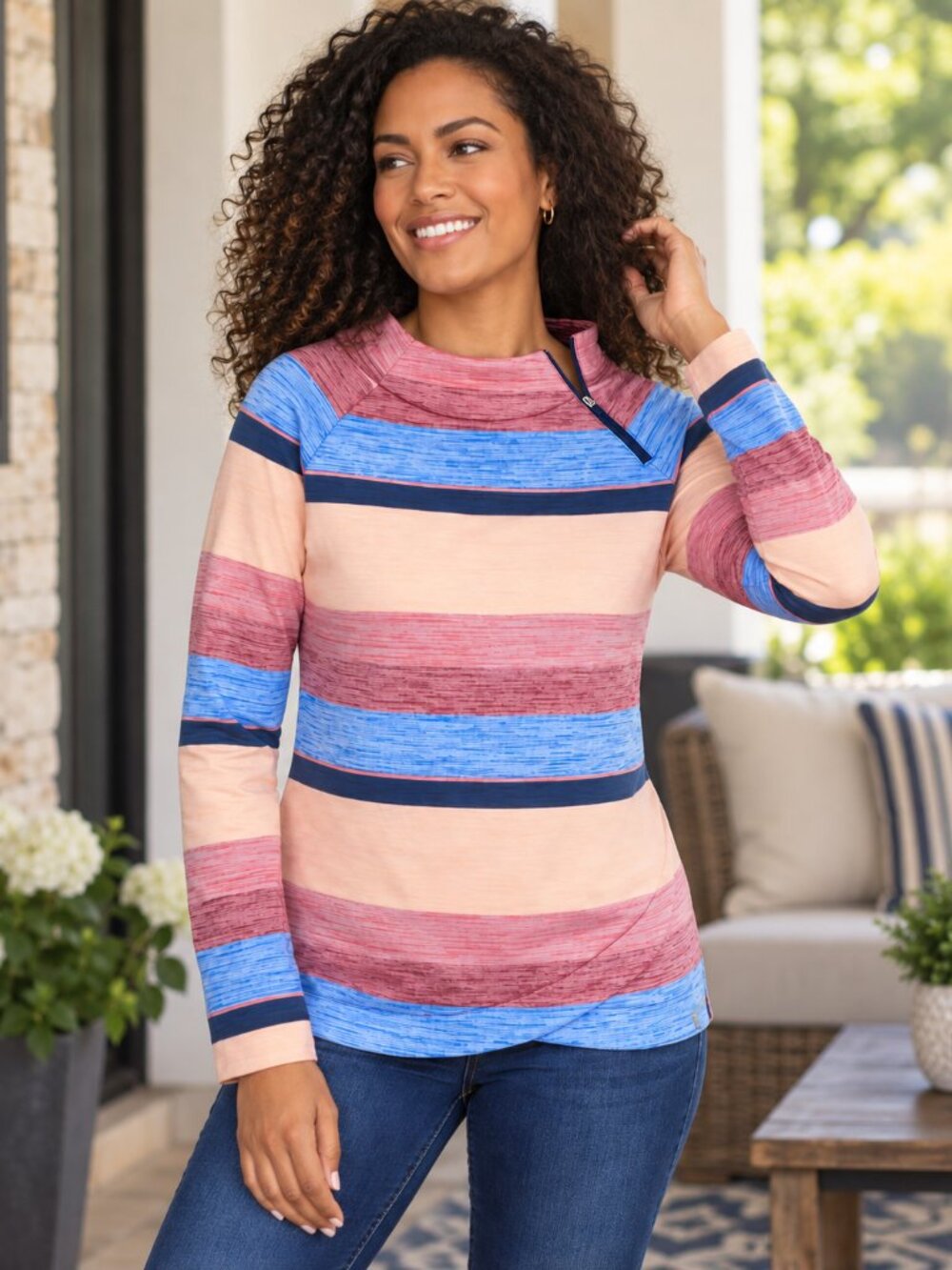 T by Talbots Asymmetrical Zip Mockneck Stripe Top Women's Size XL
